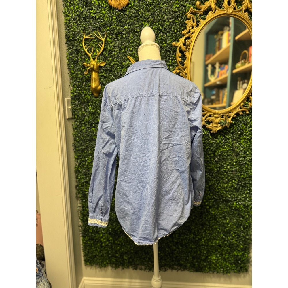 Hannah Blue Chambray Lace Trim Button Up Cottagecore Blouse XL‎ - Picture 6 of 8